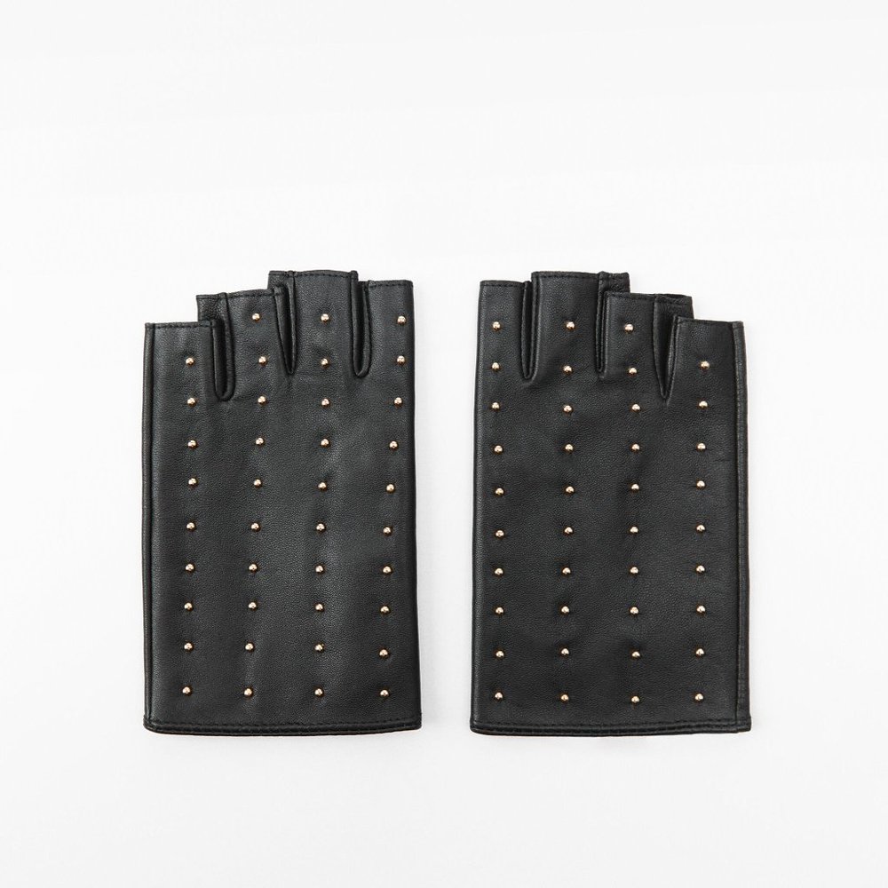 NWT ZARA STUDDED BLACK LEATHER FINGERLESS GLAM ROCK GLOVES - Picture 3 of 10